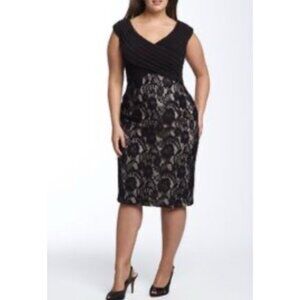 Adrianna Papell Dress Black 10 Jersey Lace Retro Style Wedding Party Cruise